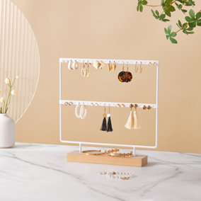 2-Layer White Glossy Coating Wooden Base Earring Display Stand