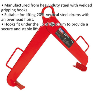 2-Leg 205L Drum Grab - 500kg Weight Limit - Heavy Duty Steel - Overhead Hoist
