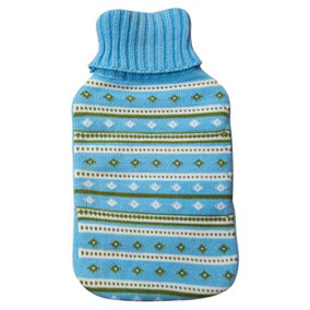 2 Litre Hot Water Bottle with Blue Stripe Design Knitted Cover - Heated Pad for Muscle Pain Relief - Measures H35 x W19 x D5cm