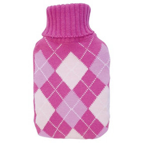 2 Litre Hot Water Bottle with Pink Diamond Design Knitted Cover - Heated Pad for Muscle Pain Relief - Measures H35 x W19 x D5cm