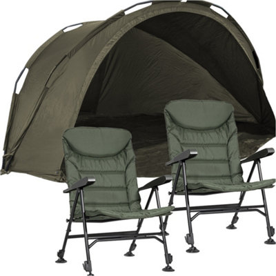 2 Man Waterproof Carp Fishing Bivvy Tent & 2 Adjustable Reclining Camp Chair Set