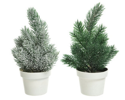 2 Mini Christmas Trees In White Pot Frosted Snowy Effect Artificial Trees 20cm