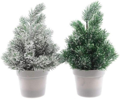 2 Mini Christmas Trees In White Pot Frosted Snowy Effect Artificial Trees 20cm
