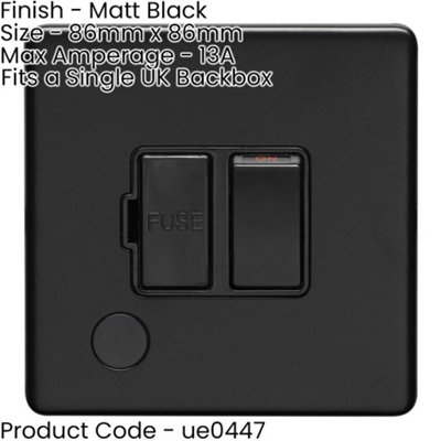 2 PACK 1 Gang 13A Switched Fuse Spur & Flex Outlet SCREWLESS MATT BLACK Plate
