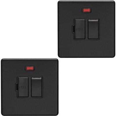 2 PACK 1 Gang 13A Switched Fuse Spur & Neon SCREWLESS MATT BLACK Mains ...
