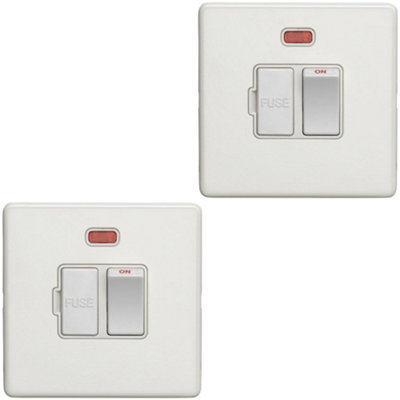 2 PACK 1 Gang 13A Switched Fuse Spur & Neon SCREWLESS MATT WHITE Mains Isolation