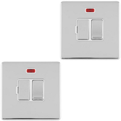 2 PACK 1 Gang 13A Switched Fuse Spur Neon SCREWLESS POLISHED CHROME Isolation
