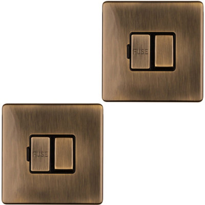 2 PACK 1 Gang 13A Switched Fuse Spur SCREWLESS ANTIQUE BRASS Mains Isolation