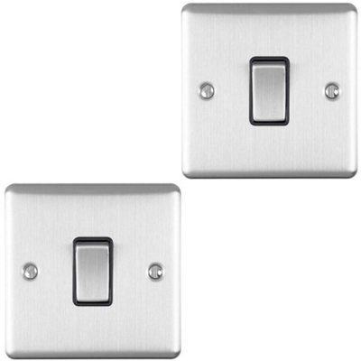 2 PACK 1 Gang 20A Single Light Switch SATIN STEEL & BLACK 2 Way Metal Rocker