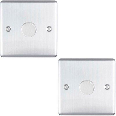 2 PACK 1 Gang 400W 2 Way Rotary Dimmer Switch SATIN STEEL Light Dimming Plate