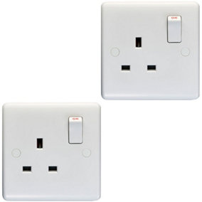 2 PACK 1 Gang Double Pole 13A Switched UK Plug Socket - WHITE Wall Power Outlet