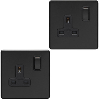 2 PACK 1 Gang DP 13A Switched UK Plug Socket SCREWLESS MATT BLACK Wall Power