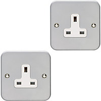 2 PACK 1 Gang Single 13A Unswitched UK Plug Socket HEAVY DUTY METAL CLAD Power