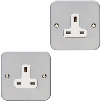 2 PACK 1 Gang Single 13A Unswitched UK Plug Socket HEAVY DUTY METAL CLAD Power