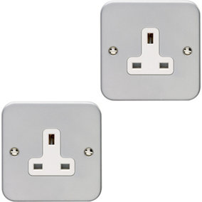 2 PACK 1 Gang Single 13A Unswitched UK Plug Socket HEAVY DUTY METAL CLAD Power