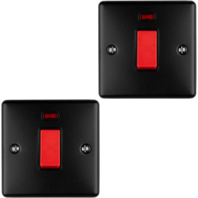 2 PACK 1 Gang Single 45A Cooker Switch Neon - MATT BLACK & BLACK Rocker DP