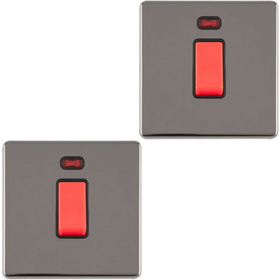 2 PACK 1 Gang Single 45A DP Cooker Switch & Neon SCREWLESS BLACK NICKEL Rocker