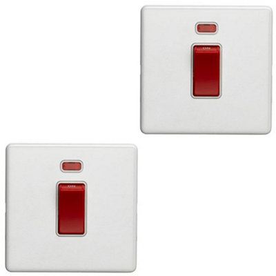 2 PACK 1 Gang Single 45A DP Cooker Switch & Neon SCREWLESS MATT WHITE Rocker