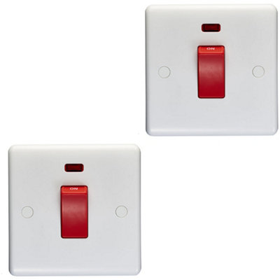 2 PACK 1 Gang Single 45A DP Cooker Switch & Neon - WHITE Rocker Oven ...
