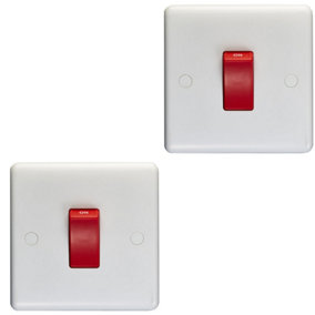 2 PACK 1 Gang Single 45A DP Cooker Switch - WHITE PLASTIC Rocker Oven Appliance
