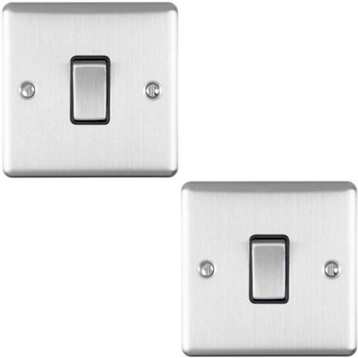 2 PACK 1 Gang Single Light Switch SATIN STEEL 2 Way 10A Black Trim & Metal