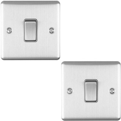 2 PACK 1 Gang Single Light Switch SATIN STEEL 2 Way 10A Grey Trim & Metal
