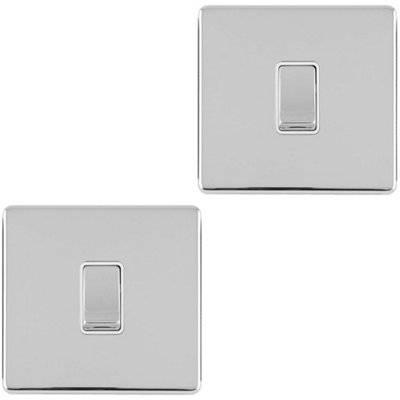 2 PACK 1 Gang Single Light Switch SCREWLESS POLISHED CHROME 2 Way 10A Rocker