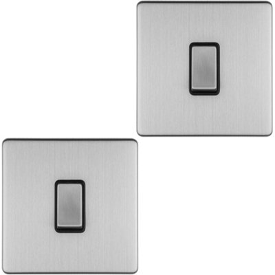 2 PACK 1 Gang Single Light Switch SCREWLESS SATIN STEEL 2 Way 10A Slim Rocker