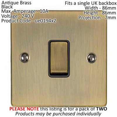 2 PACK 1 Gang Single Metal Light Switch ANTIQUE BRASS 2 Way 10A Black Trim