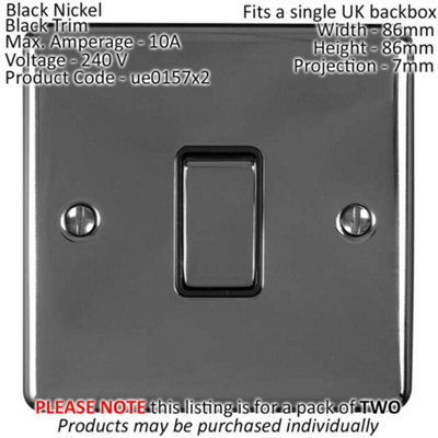 2 PACK 1 Gang Single Metal Light Switch BLACK NICKEL 2 Way 10A Black Trim
