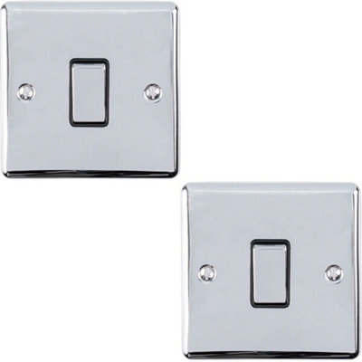 2 PACK 1 Gang Single Metal Light Switch POLISHED CHROME 2 Way 10A Black Trim