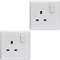 2 PACK 1 Gang Single Pole 13A Switched UK Plug Socket - WHITE Wall Power Outlet