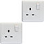 2 PACK 1 Gang Single Pole 13A Switched UK Plug Socket - WHITE Wall Power Outlet