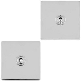 2 PACK 1 Gang Single Retro Toggle Light Switch SCREWLESS CHROME 10A 2 Way Plate