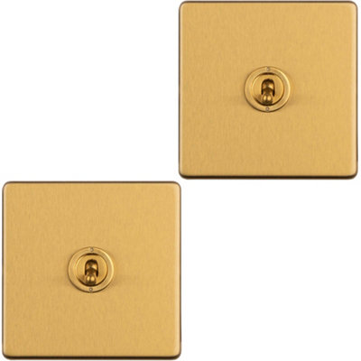 2 PACK 1 Gang Single Retro Toggle Light Switch SCREWLESS SATIN BRASS 10A 2 Way