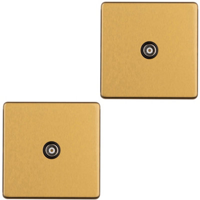 2 PACK 1 Gang Single TV Coaxial Aerial Socket SCREWLESS SATIN BRASS Wall Plate