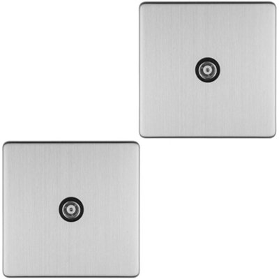 2 PACK 1 Gang Single TV Coaxial Aerial Socket SCREWLESS SATIN STEEL Wall Plate