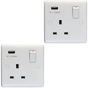 2 PACK 1 Gang Single UK Plug Socket & 2.1A USB-A Charger WHITE 13A Switched