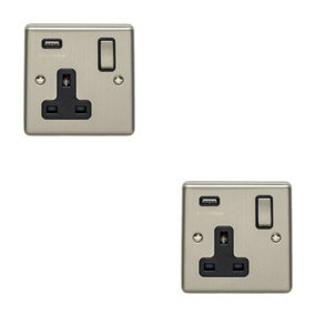 2 PACK 1 Gang Single UK Plug Socket & 2.1A USB SATIN STEEL & Black 13A Switched