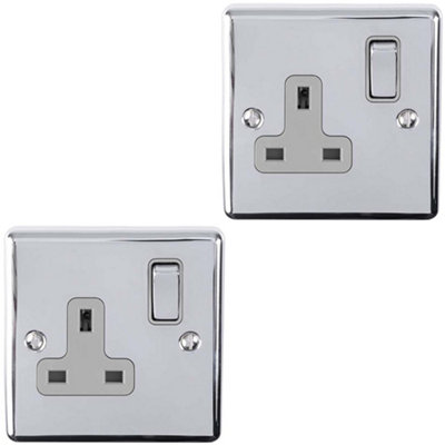 2 PACK 1 Gang Single UK Plug Socket POLISHED CHROME 13A Switched GREY