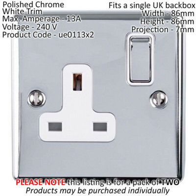 2 PACK 1 Gang Single UK Plug Socket POLISHED CHROME 13A Switched White Trim