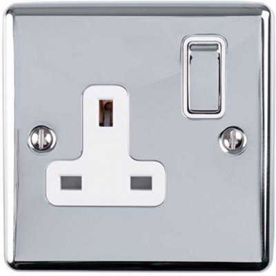 2 PACK 1 Gang Single UK Plug Socket POLISHED CHROME 13A Switched White Trim