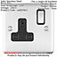 2 PACK 1 Gang Single UK Plug Socket SATIN STEEL 13A Switched Black Trim Plate