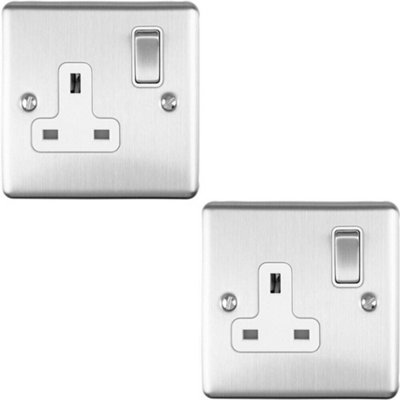 2 PACK 1 Gang Single UK Plug Socket SATIN STEEL 13A Switched White Trim ...