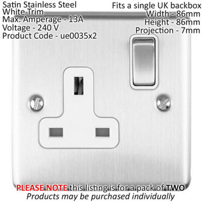2 PACK 1 Gang Single UK Plug Socket SATIN STEEL 13A Switched White Trim ...