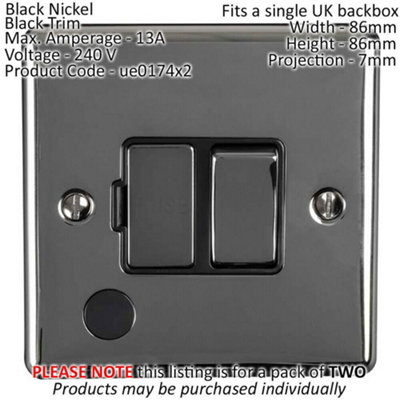 2 PACK 13A DP Switched Fuse Spur & Flex Outlet BLACK NICKEL & Black Isolation