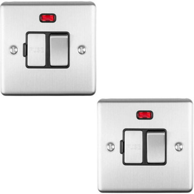 2 PACK 13A DP Switched Fuse Spur & Neon Light SATIN STEEL & Black