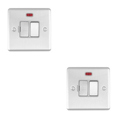2 PACK 13A DP Switched Fuse Spur & Neon Light SATIN STEEL & Grey
