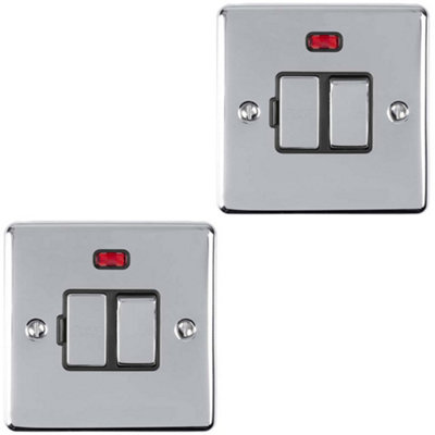 2 PACK 13A DP Switched Fuse Spur & Neon POLISHED CHROME & BLACK Mains Isolation