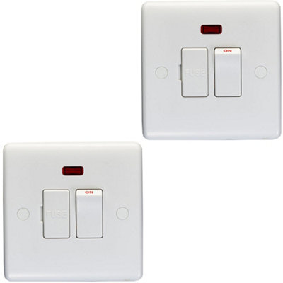 2 PACK 13A Switched Fuse Spur & Neon WHITE Mains Isolation Appliance Wall Plate